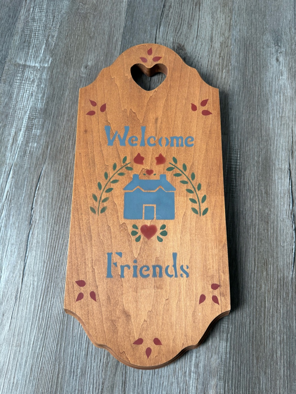 Welcome Friends Wooden Heart Sign Decor Blue Red Cottage Core Farmhouse Decor